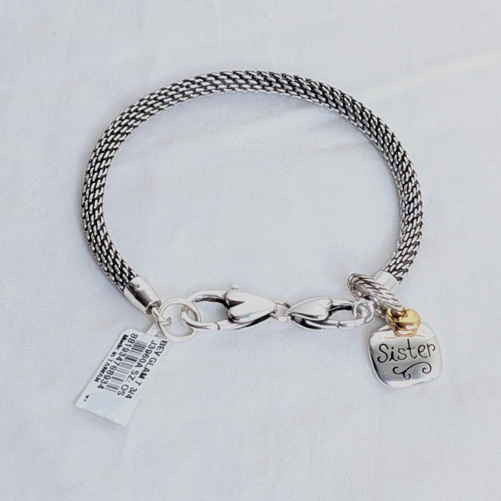 NEW Brighton Beverly Glam Sister Charm Bracelet Silver Mesh Gold Accent 7.75"